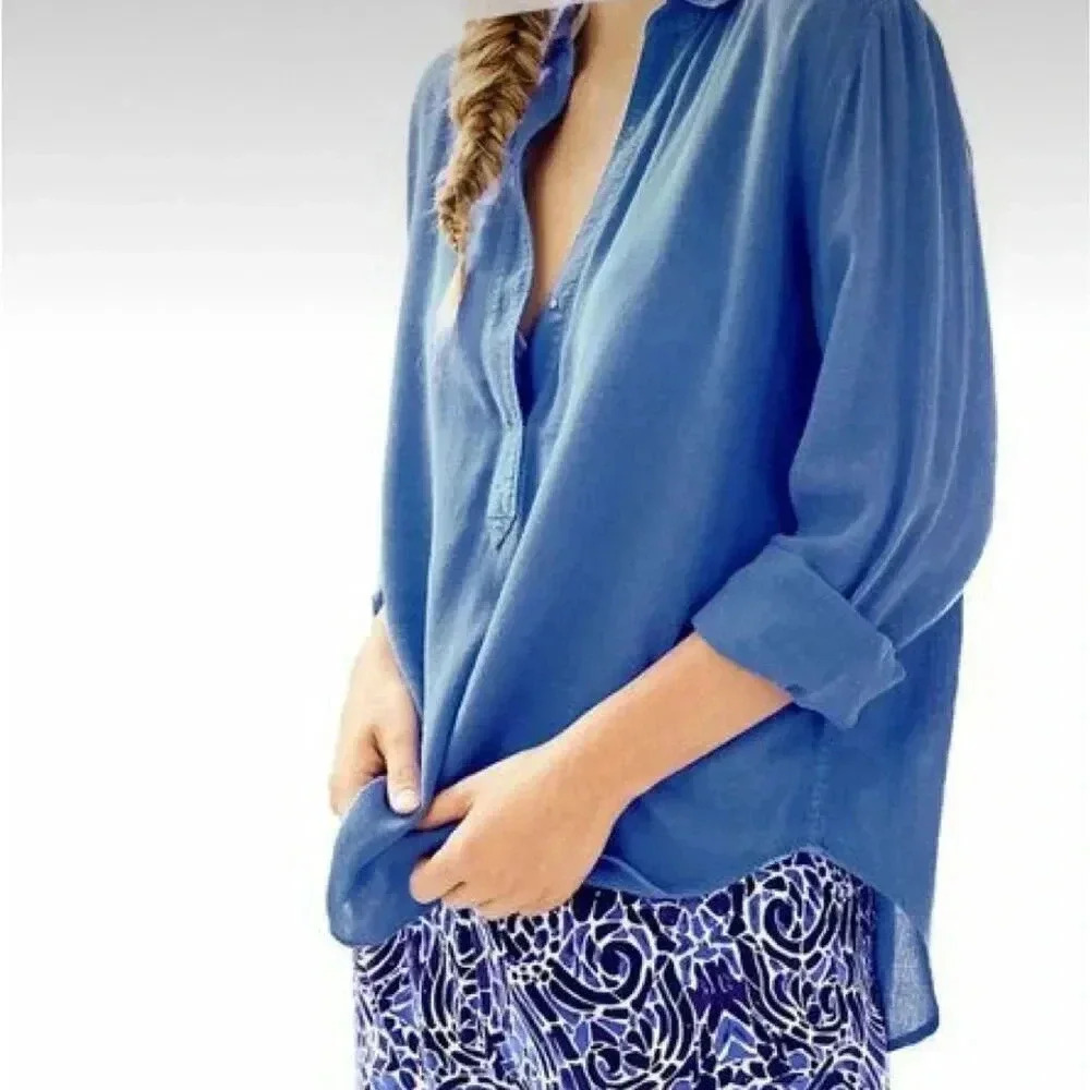 Lilly Pulitzer Women's XS Blue V-Neck Long Sleeve Blouse Top